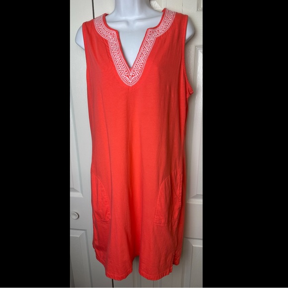 LANDS END Embroidered Dress Orange White Pockets Cotton Split VNeck Swim Cover - Picture 9 of 9
